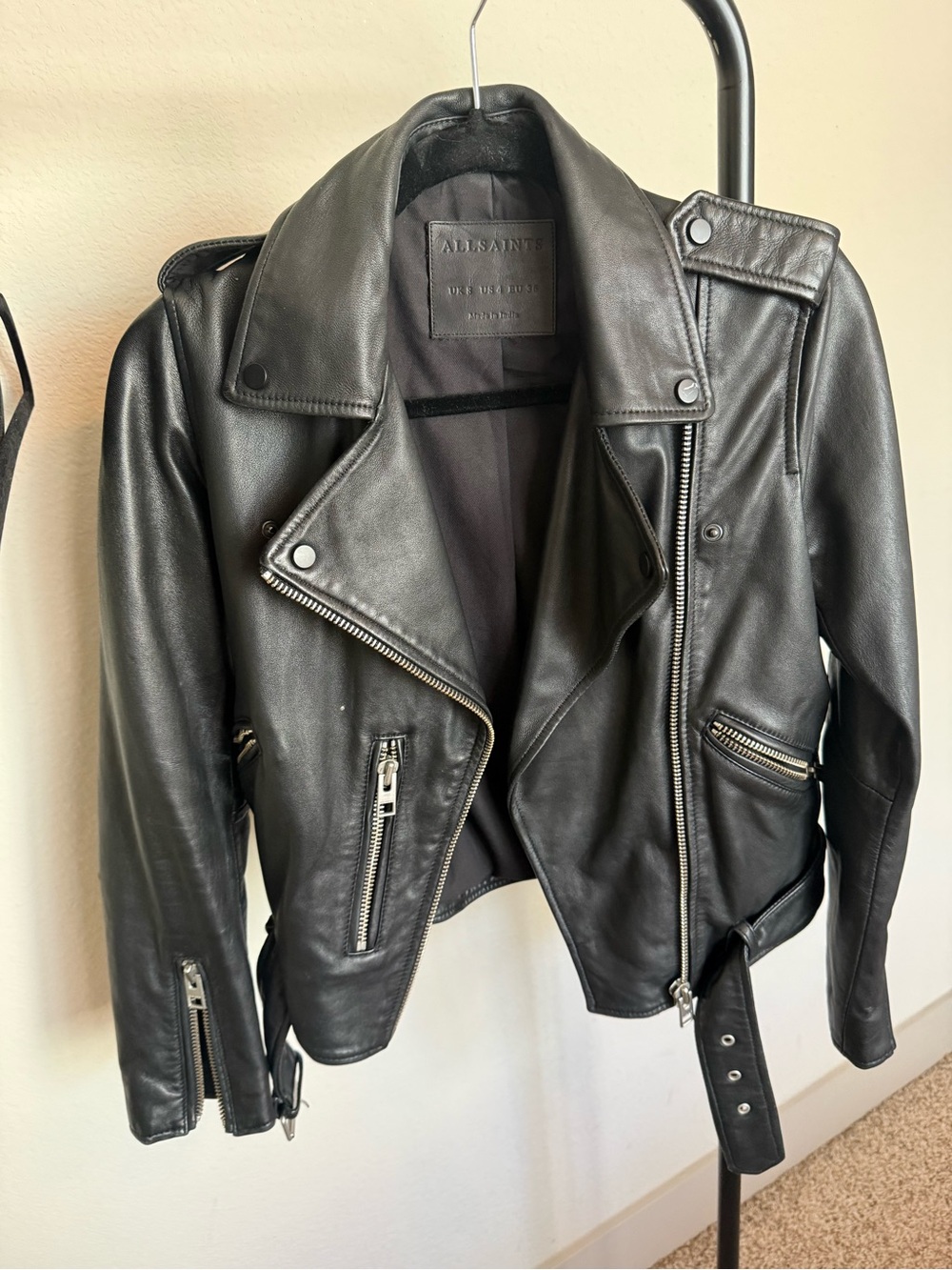 AllSaints Black Leather Jacket with Interior Logo Patch
